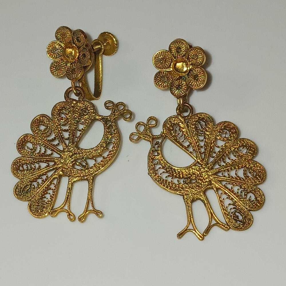 Vintage Gold Tone Peacock Earrings - Picture 2 of 10